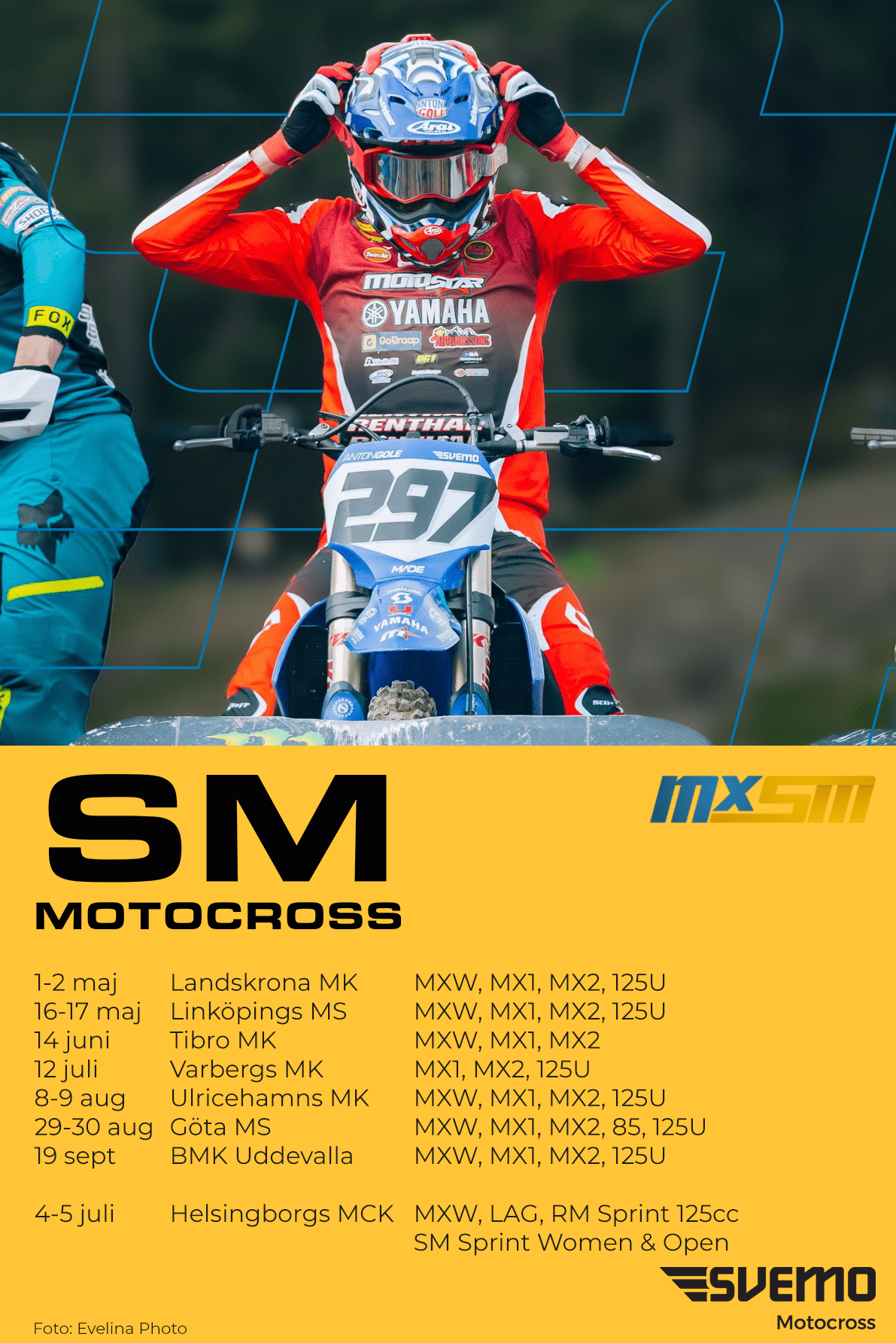 Affisch med en motocrossförare och datum för SM-kalendern.